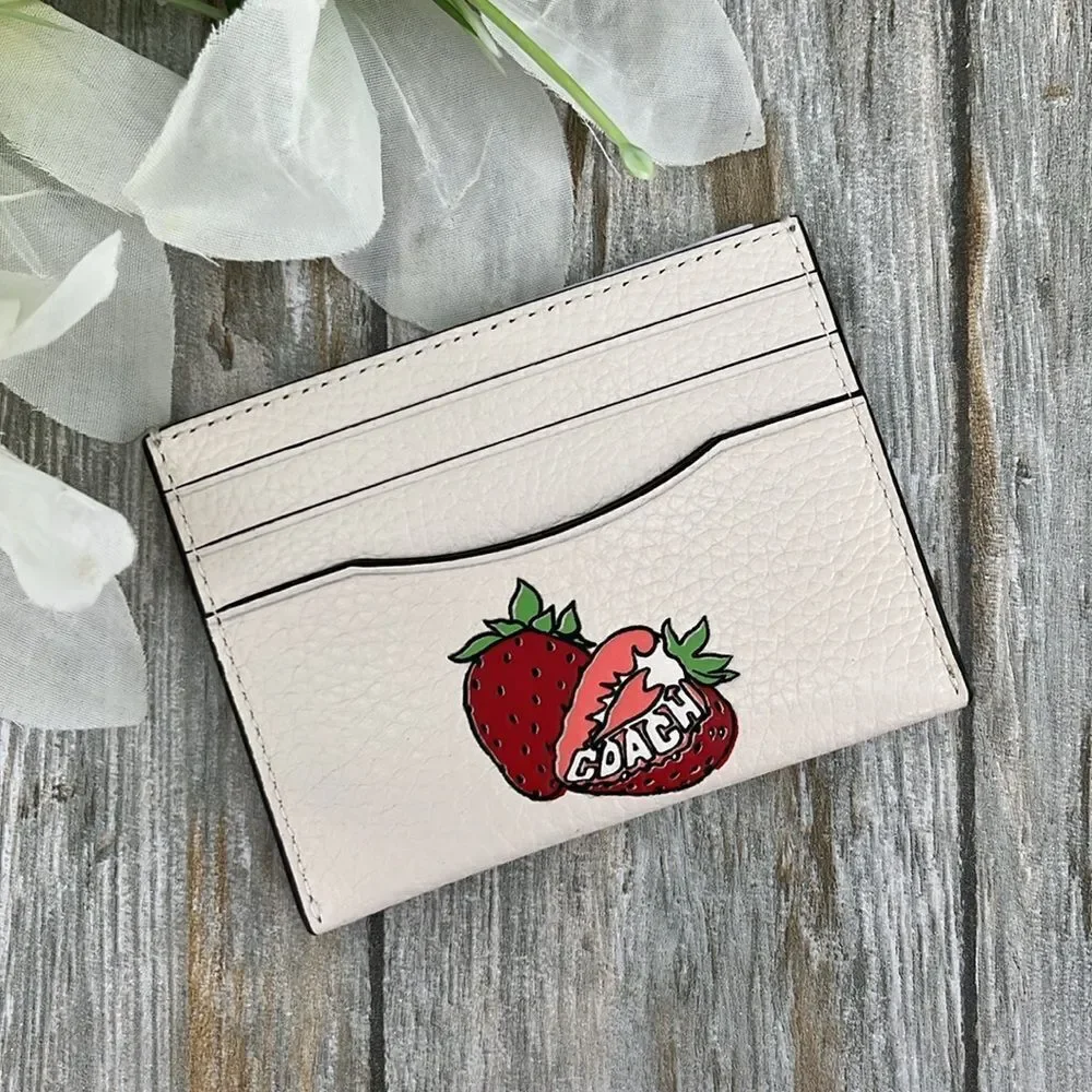 Coach Slim Id Card Case With Strawberry Graphic Wallet Bag Purse